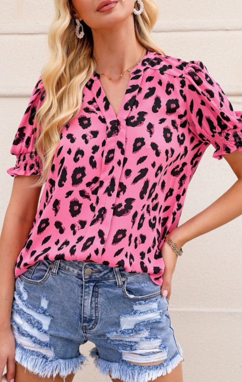 Ruffle sleeve hot pink & leopard top