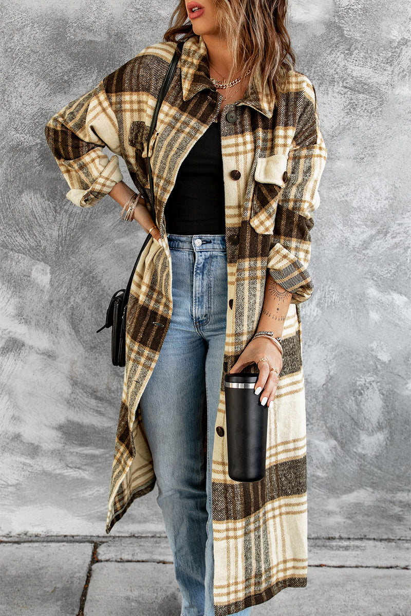 Brown Button Up Patch Pocket Long Plaid Coat