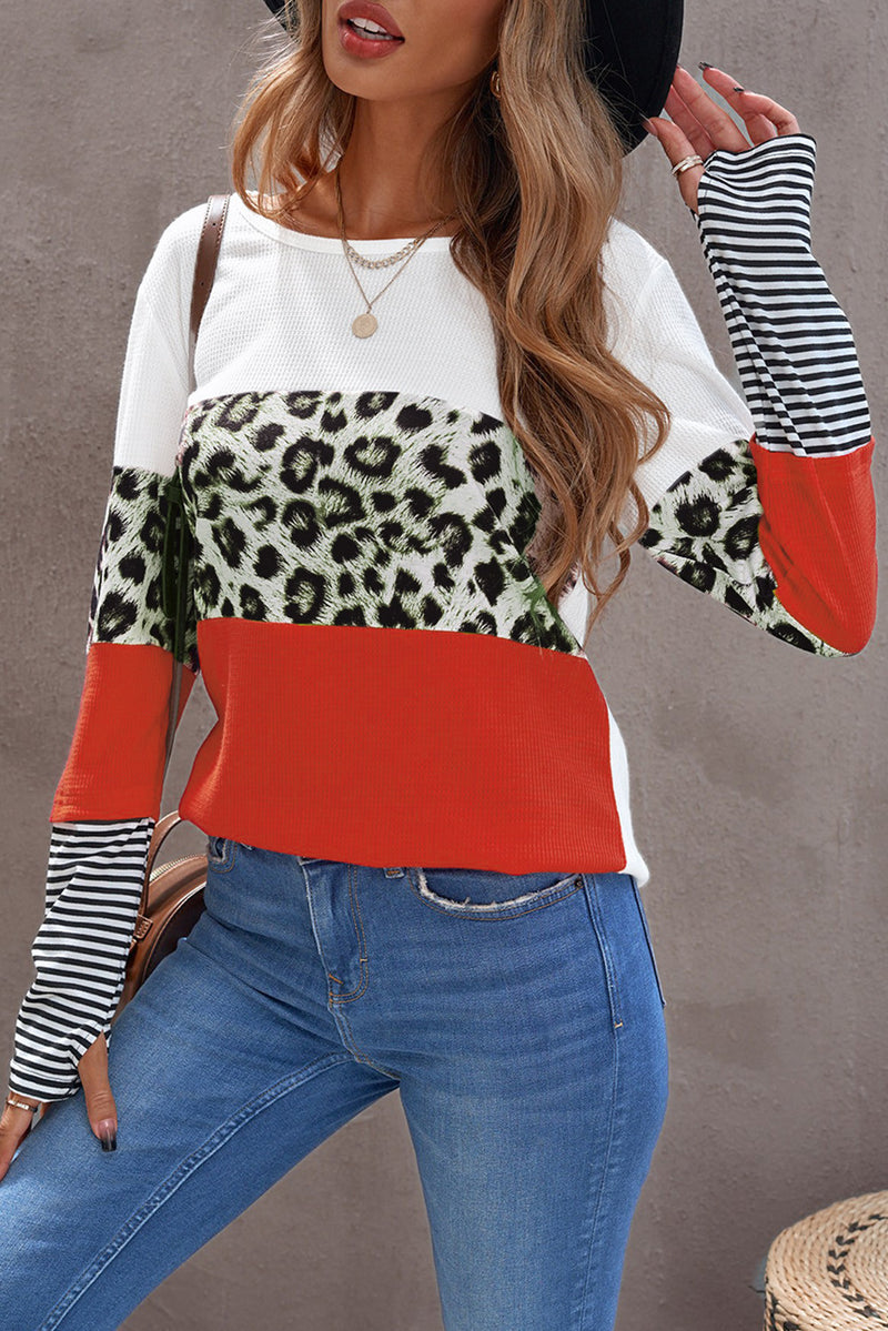 Orange Stripe Leopard Splicing Colorblock Long Sleeve Top