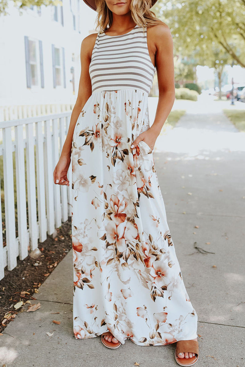 Boho Stripes and Floral Print Floor Length Tank Dress