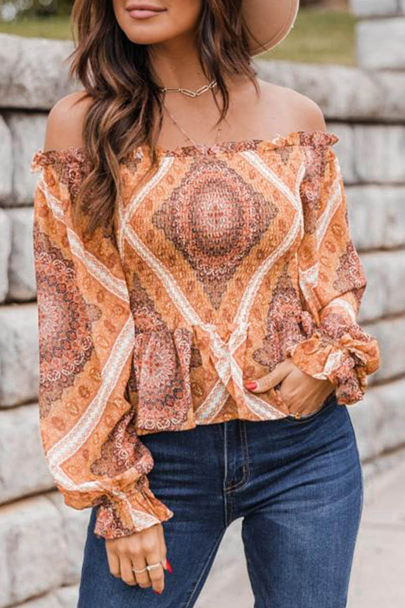 Orange Paisley Print Smocked Long Sleeve Off Shoulder Top