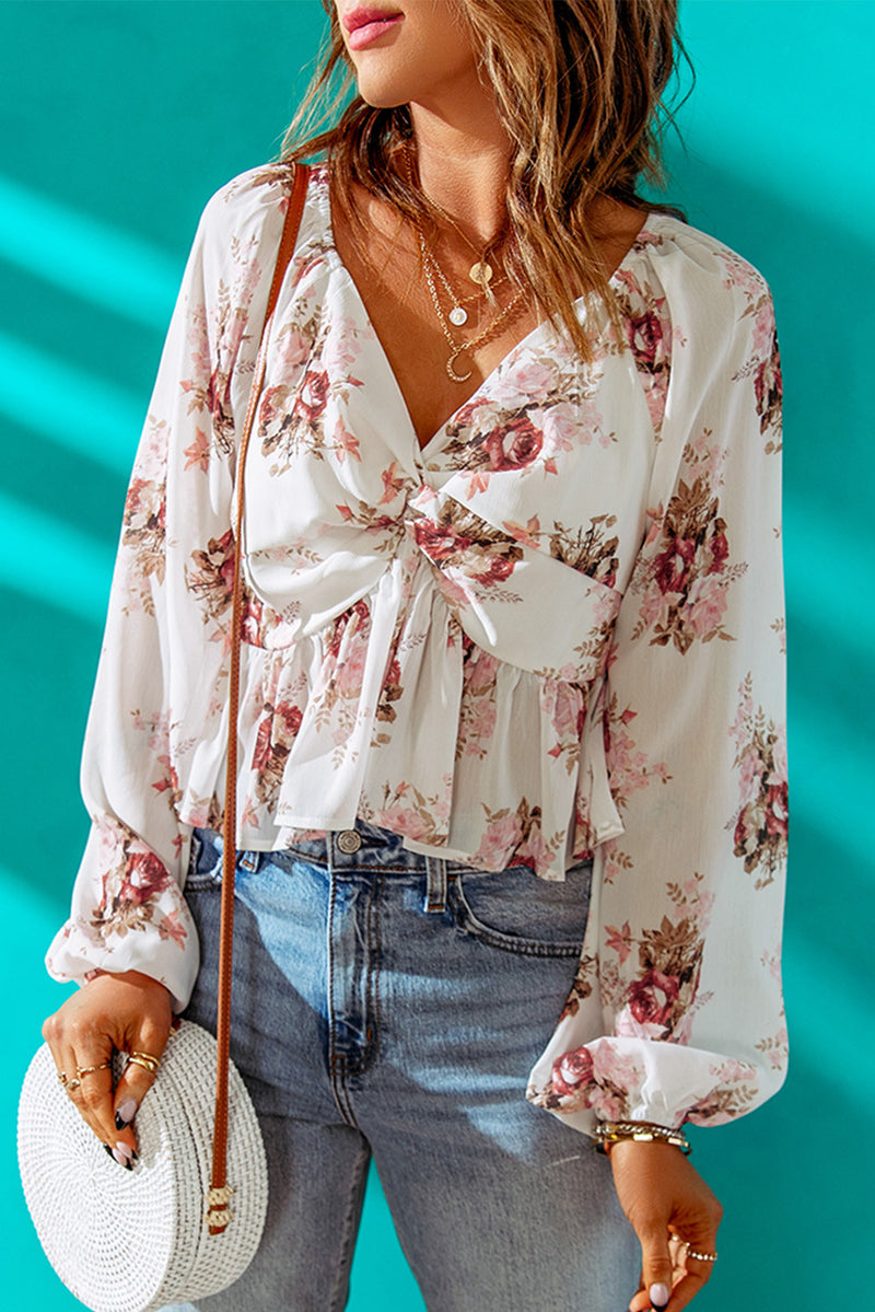 White Floral Print V Neck Twist Front Long Sleeve Blouse