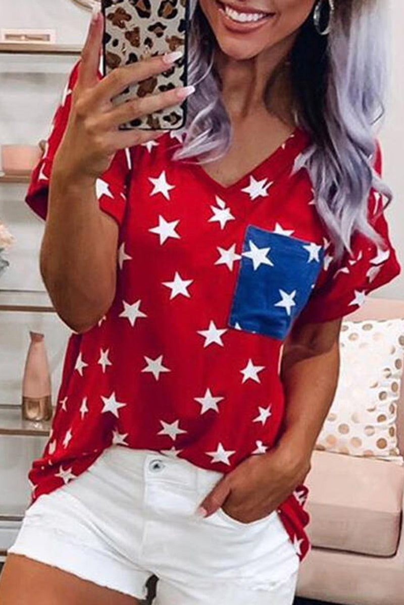 Red Casual Star Print Patch Pocket T Shirt