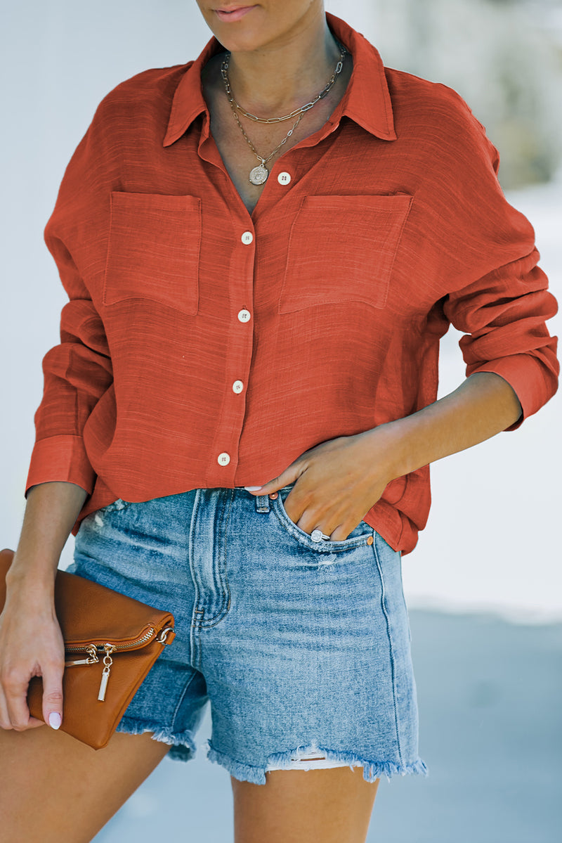 Red/Orange Long Sleeve Buttoned Shirt with Pocket