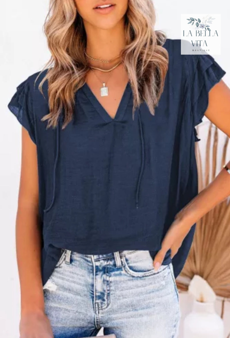 Blue cap sleeve top