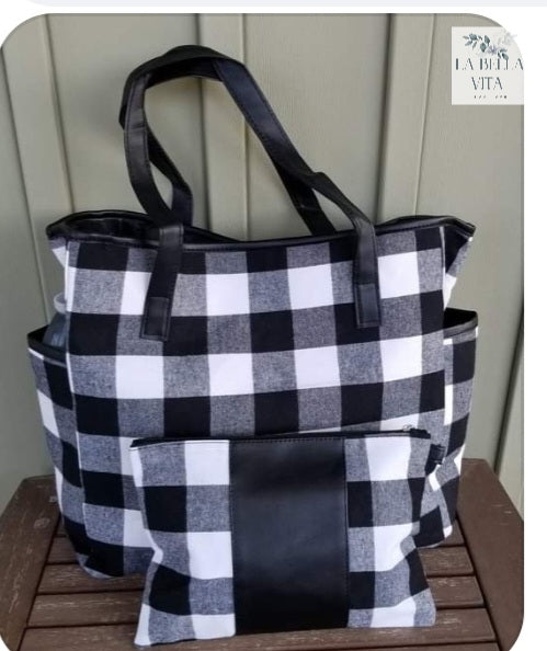 Black and white checker tote set