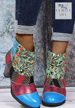 Retro ethnic style stitching high heel boots BLUE