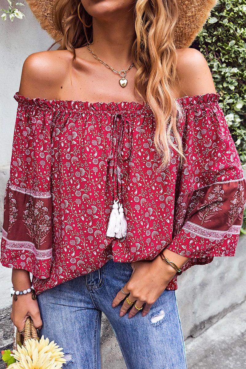 Red Boho Ditsy Floral Print Smocked Off Shoulder Blouse