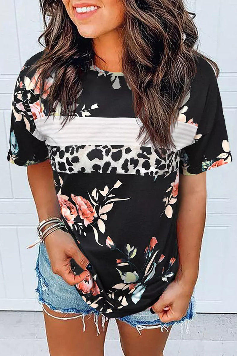 Floral & Leopard Color Block Top